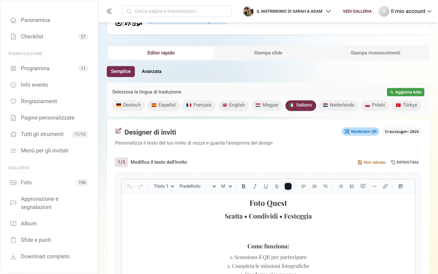 Editor rapido dei modelli con barra degli strumenti per aggiungere testo e creare l'invito