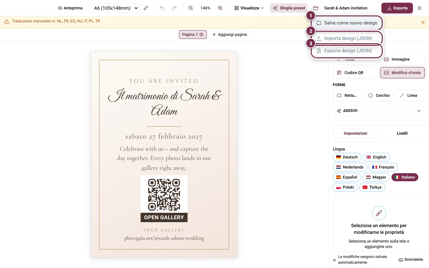 Menu File aperto con Salva come nuovo design, Importa design ed Esporta design