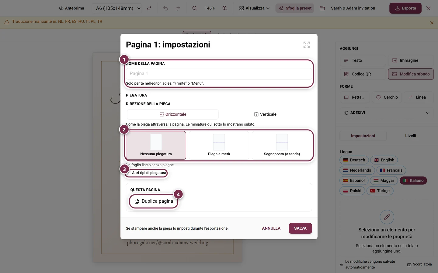 Finestra Pagina 1: impostazioni con nome della pagina e i tre tipi di piegatura