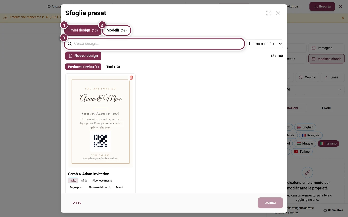 Browser dei design con le sezioni I miei design e Modelli