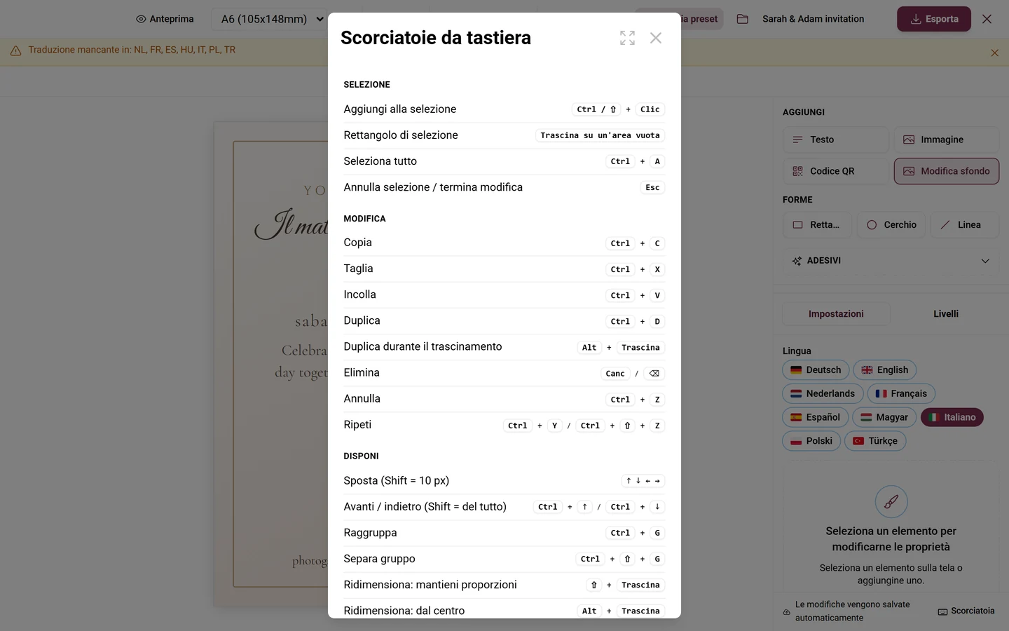 Finestra Scorciatoie da tastiera con le sezioni Selezione, Modifica, Disposizione, Vista e Trasformazione