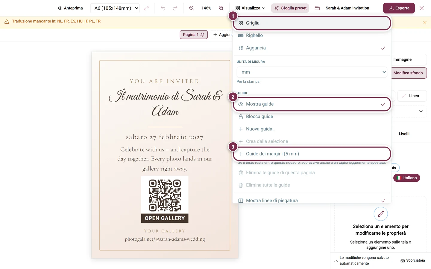 Menu Vista aperto con Griglia, Righello, Aggancia, Unità di misura e tutte le opzioni delle guide