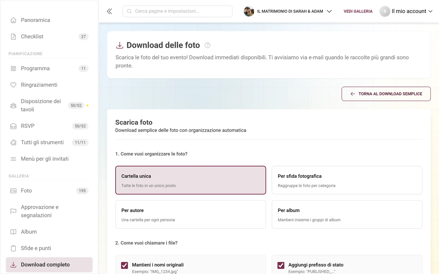 Download avanzato con struttura delle cartelle, filtri e selezione per l'esportazione ZIP