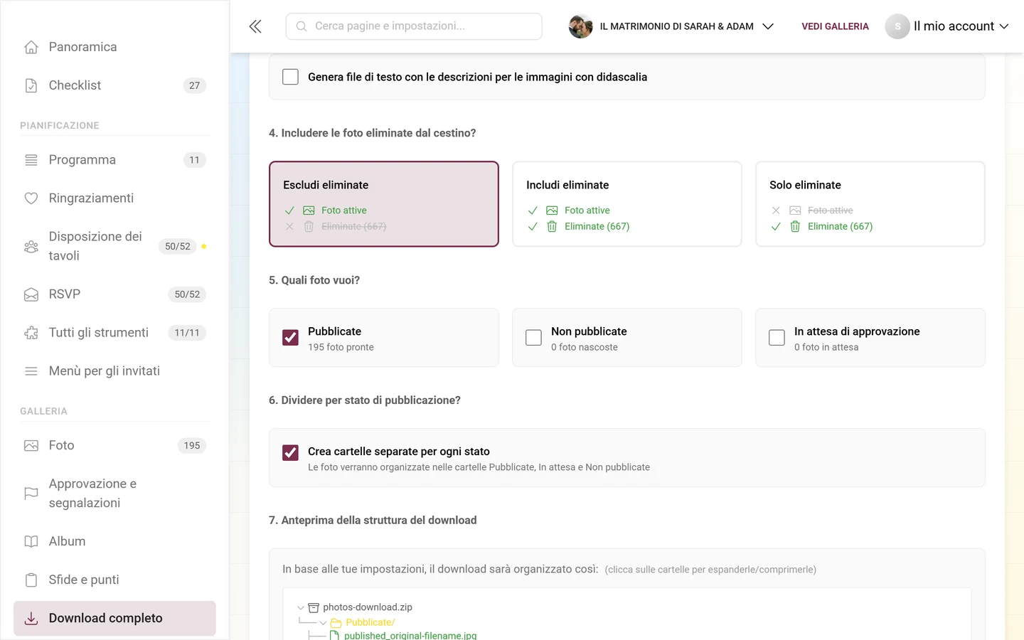 Passaggi da 4 a 6 del download avanzato con le schede del cestino e le tre caselle di stato