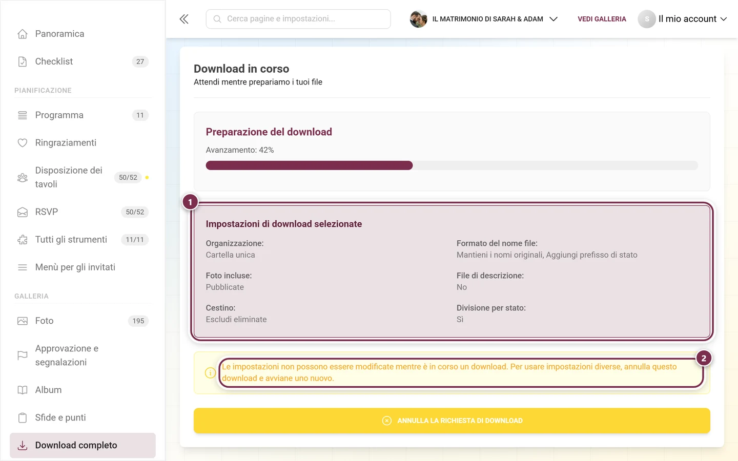Riepilogo delle impostazioni di download scelte e avviso giallo di blocco, entrambi evidenziati