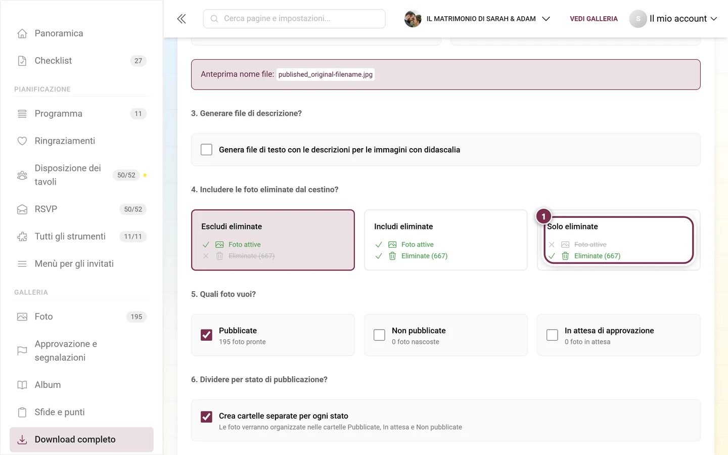 Scheda di scelta Solo eliminate nel quarto passaggio del download avanzato, evidenziata