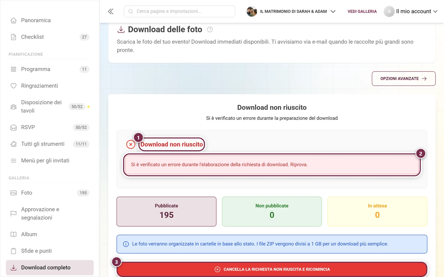 Schermata di errore con il titolo Download non riuscito, il messaggio di errore e il pulsante rosso per ricominciare, tutti evidenziati
