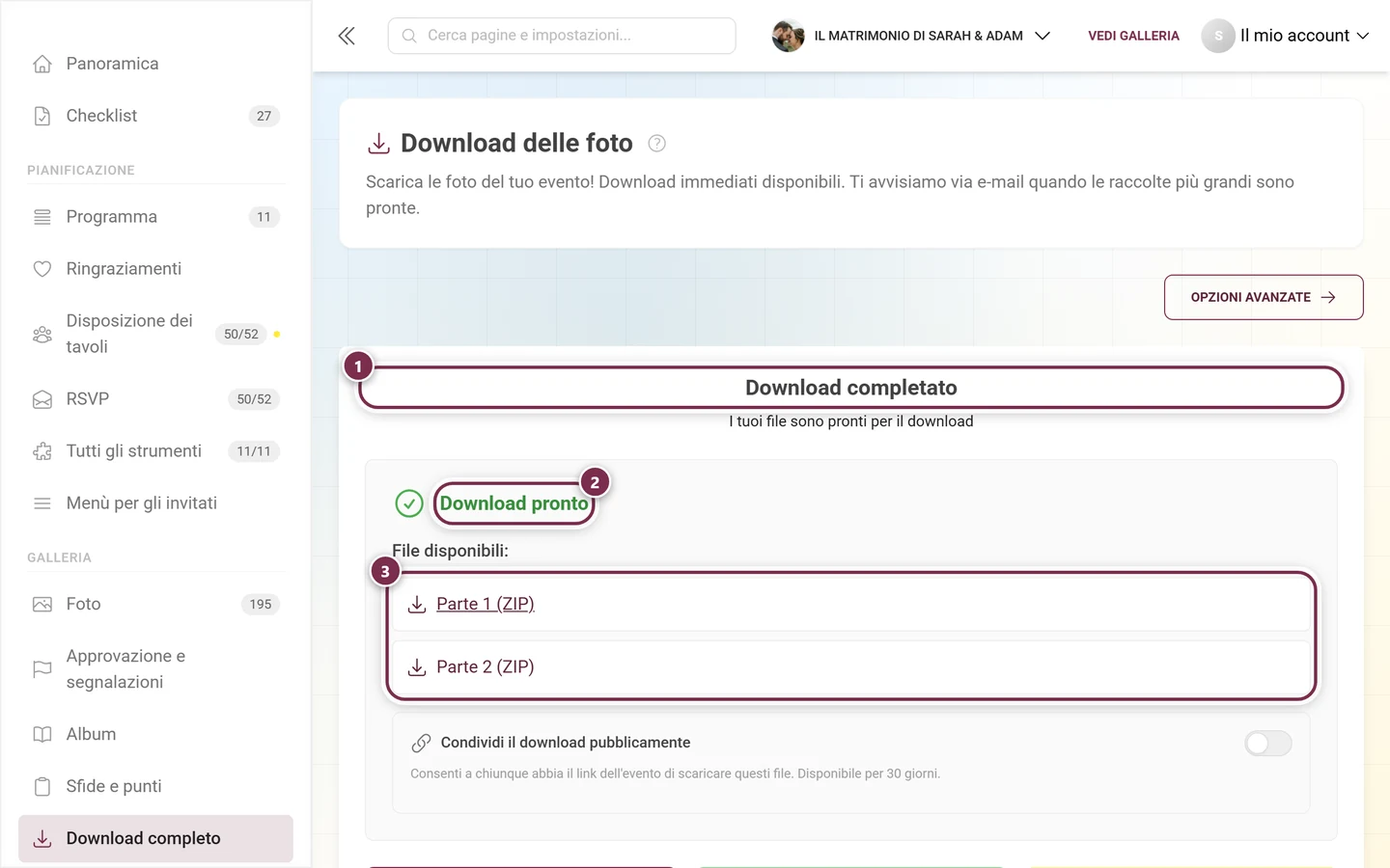 Schermata di risultato con il titolo Download completato, la dicitura verde Download pronto e due parti ZIP, tutte evidenziate