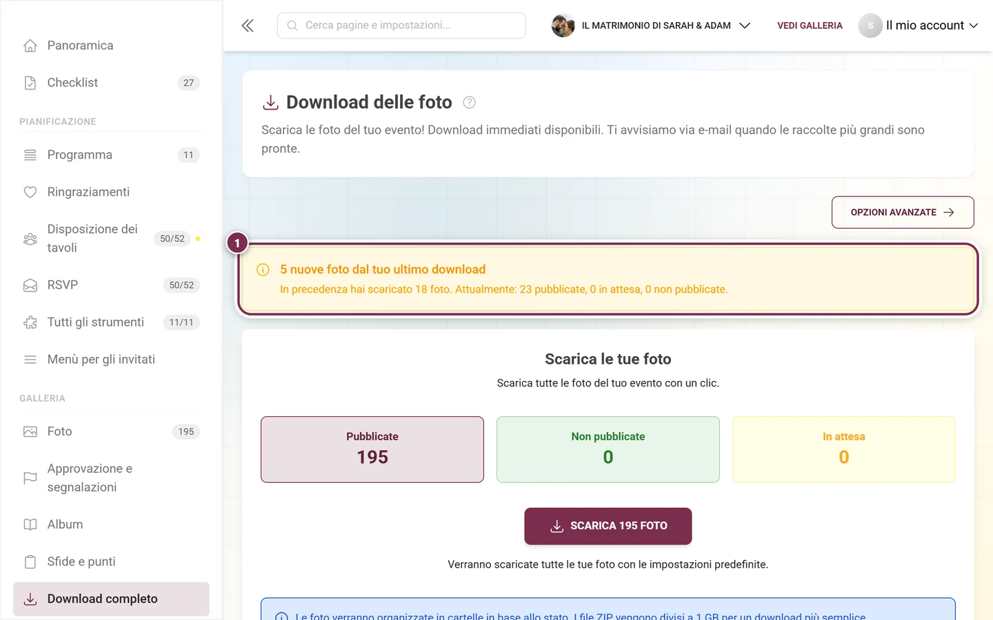 Banner giallo con l'avviso delle nuove foto dall'ultimo download, evidenziato