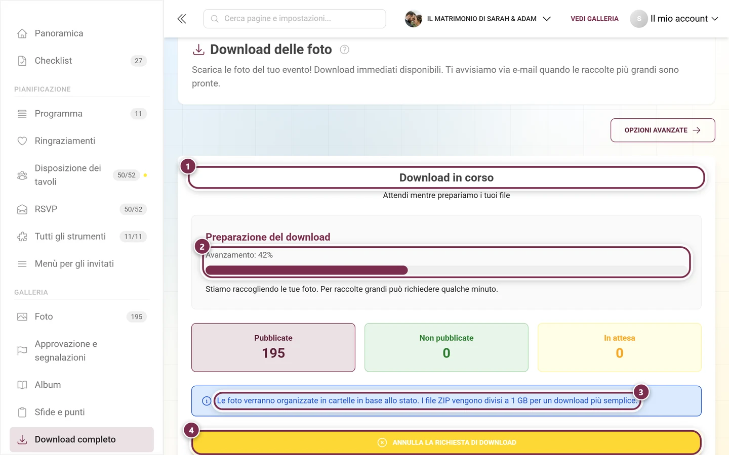 Schermata di avanzamento del download con barra, riga informativa e pulsante di annullamento, tutti evidenziati
