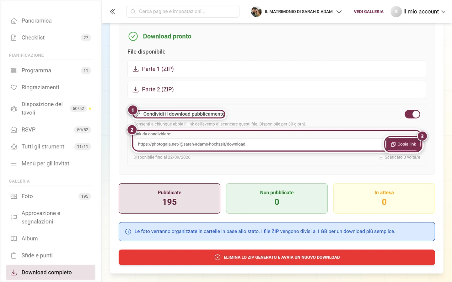 Sezione di condivisione con interruttore attivo, campo del link e pulsante per copiare, tutti evidenziati