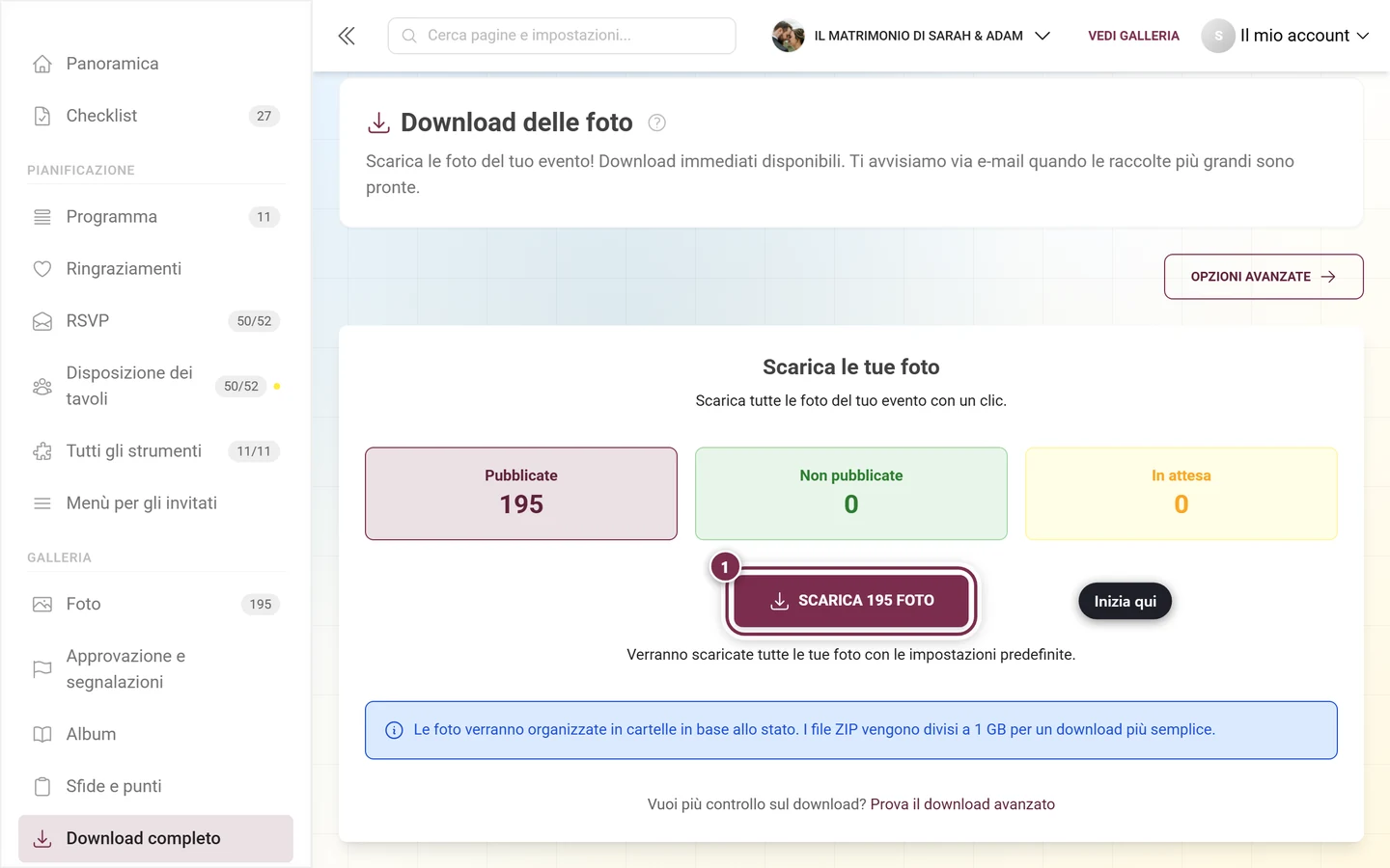 Il pulsante di download con il numero di foto, evidenziato