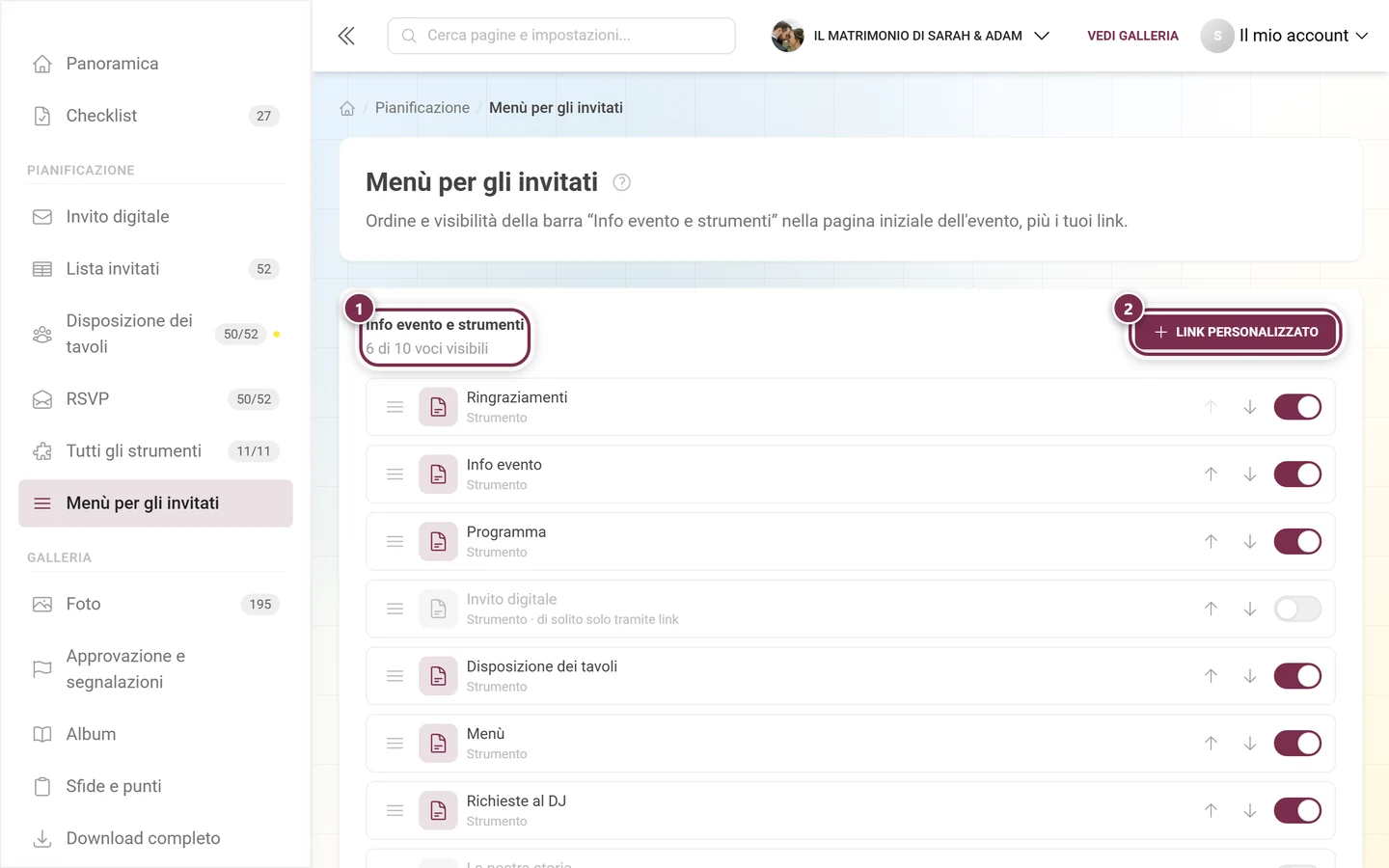 Editor del menù per gli invitati con titolo, contatore, il pulsante Link personalizzato e l'elenco ordinabile