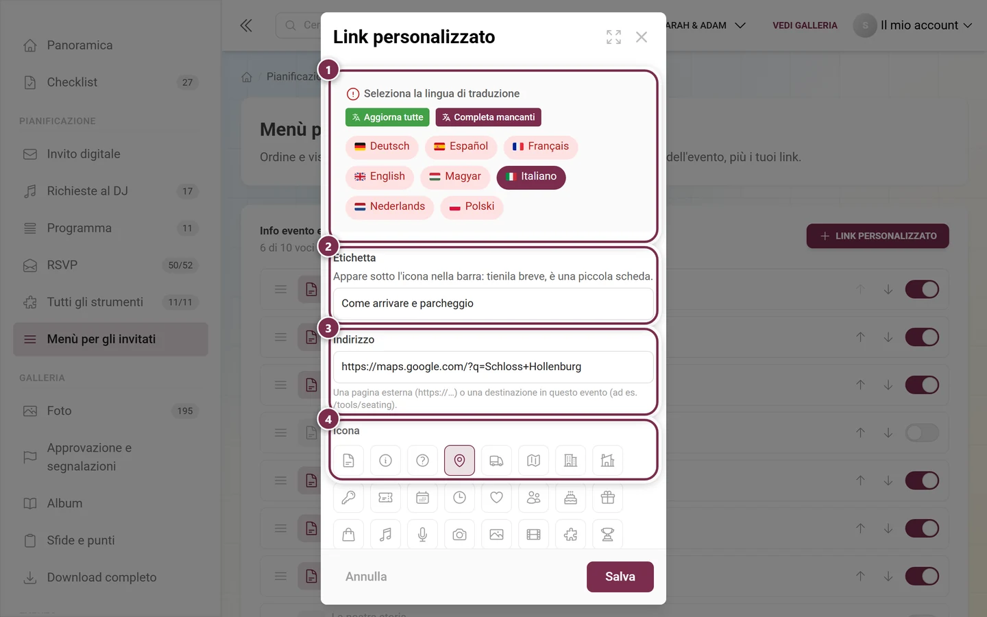 Finestra Link personalizzato con lingua di traduzione, etichetta, indirizzo e scelta dell'icona