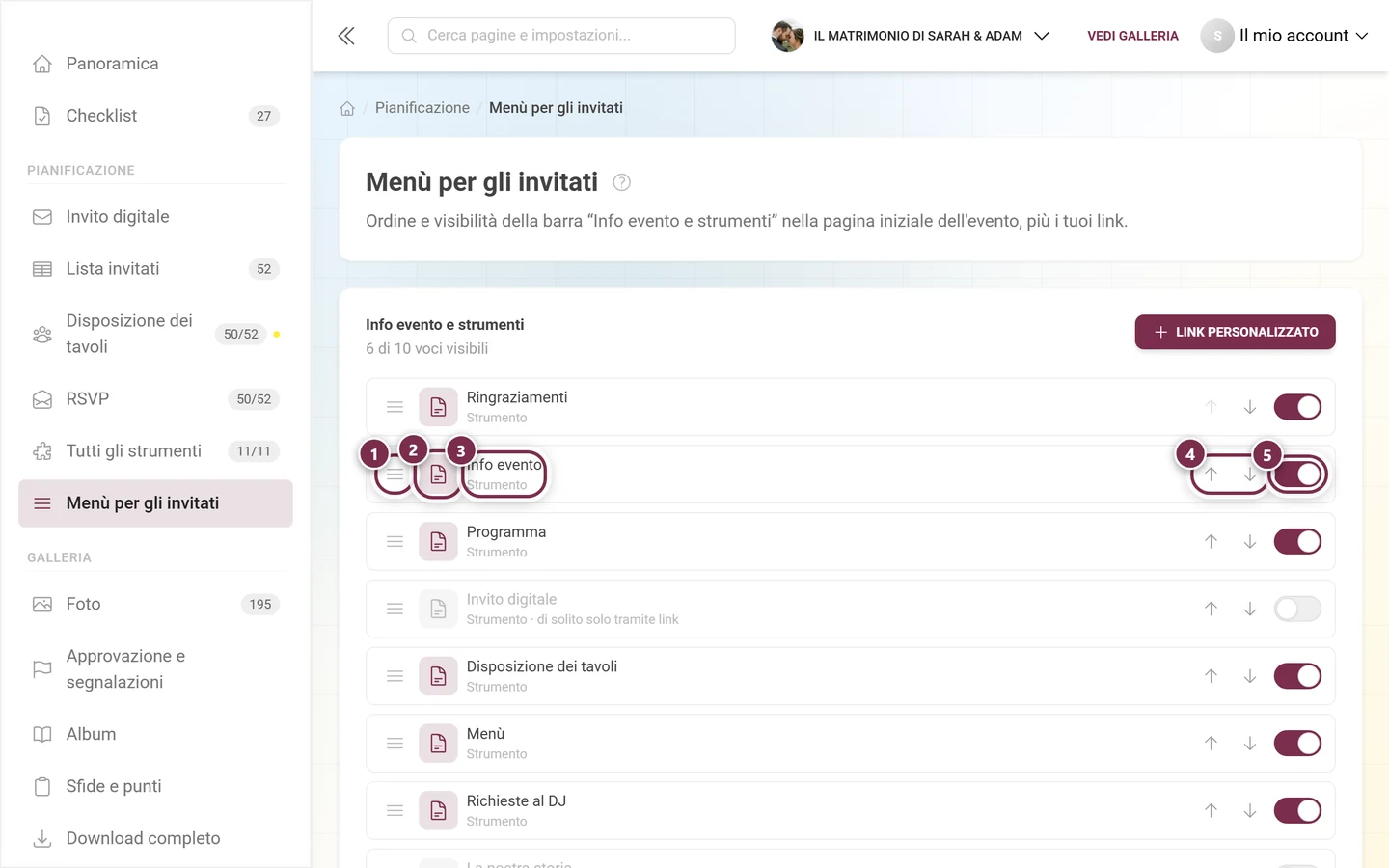 Una riga del menù per gli invitati con maniglia, icona, etichetta, frecce e interruttore
