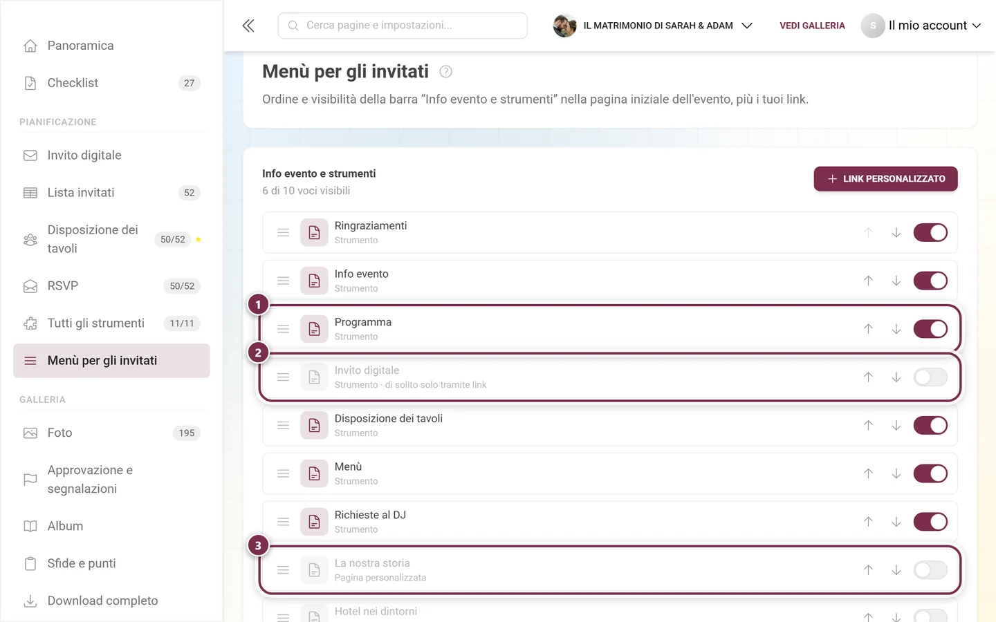 Tre righe del menù per gli invitati con i tipi Strumento, Strumento solo tramite link e Pagina personalizzata