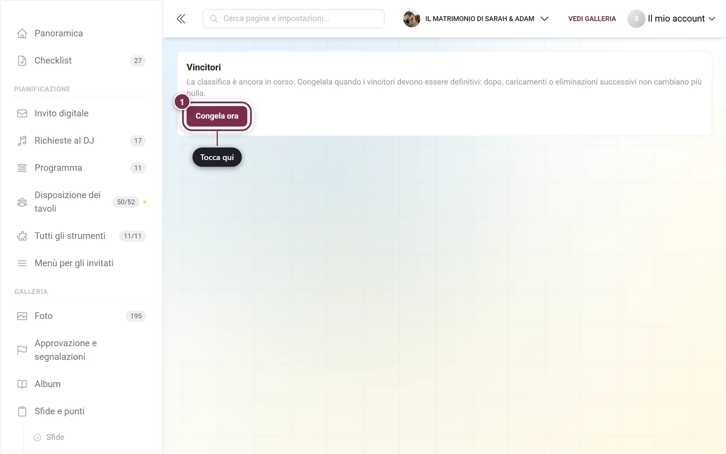 Il blocco Vincitori con l'indicazione della classifica in corso e il pulsante Congela ora
