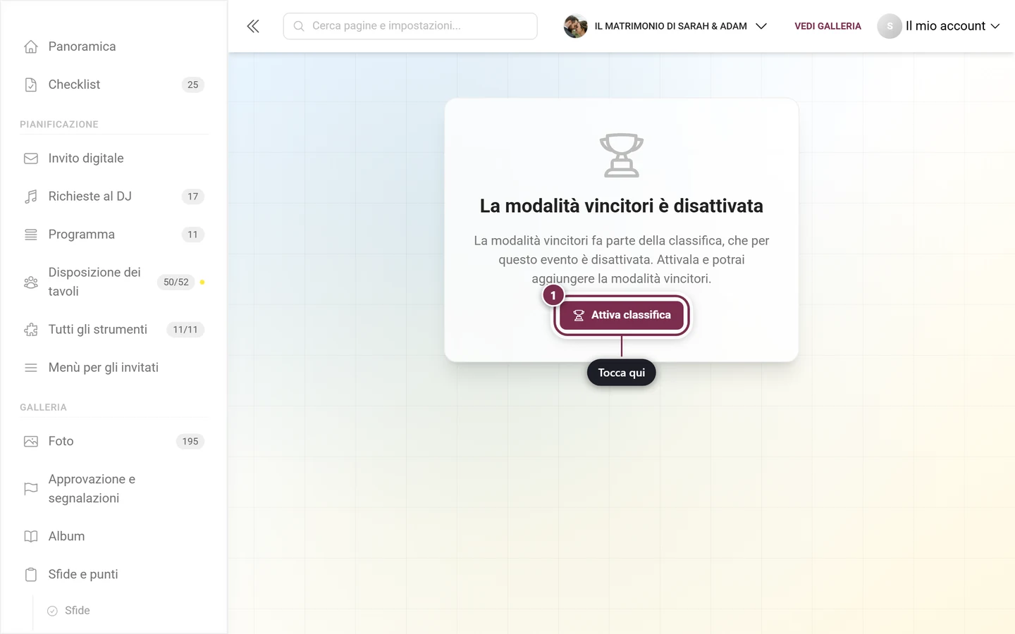 Avviso che la classifica è disattivata con il pulsante Attiva classifica