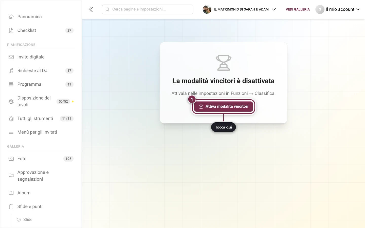 Avviso La modalità vincitori è disattivata con il pulsante Attiva modalità vincitori