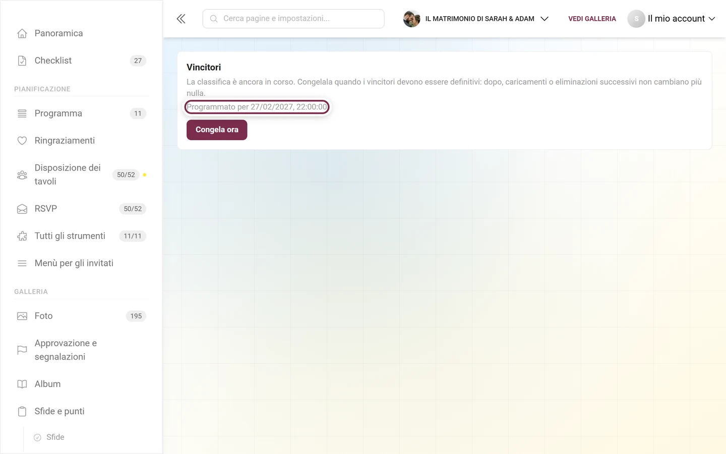 La riga Programmato per con data e ora sotto il pulsante Congela ora