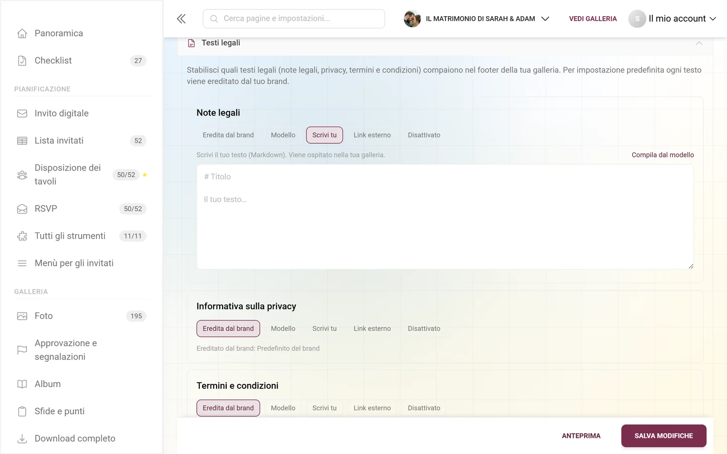 Scheda Note legali in modalità Scrivi tu con un grande campo di testo Markdown