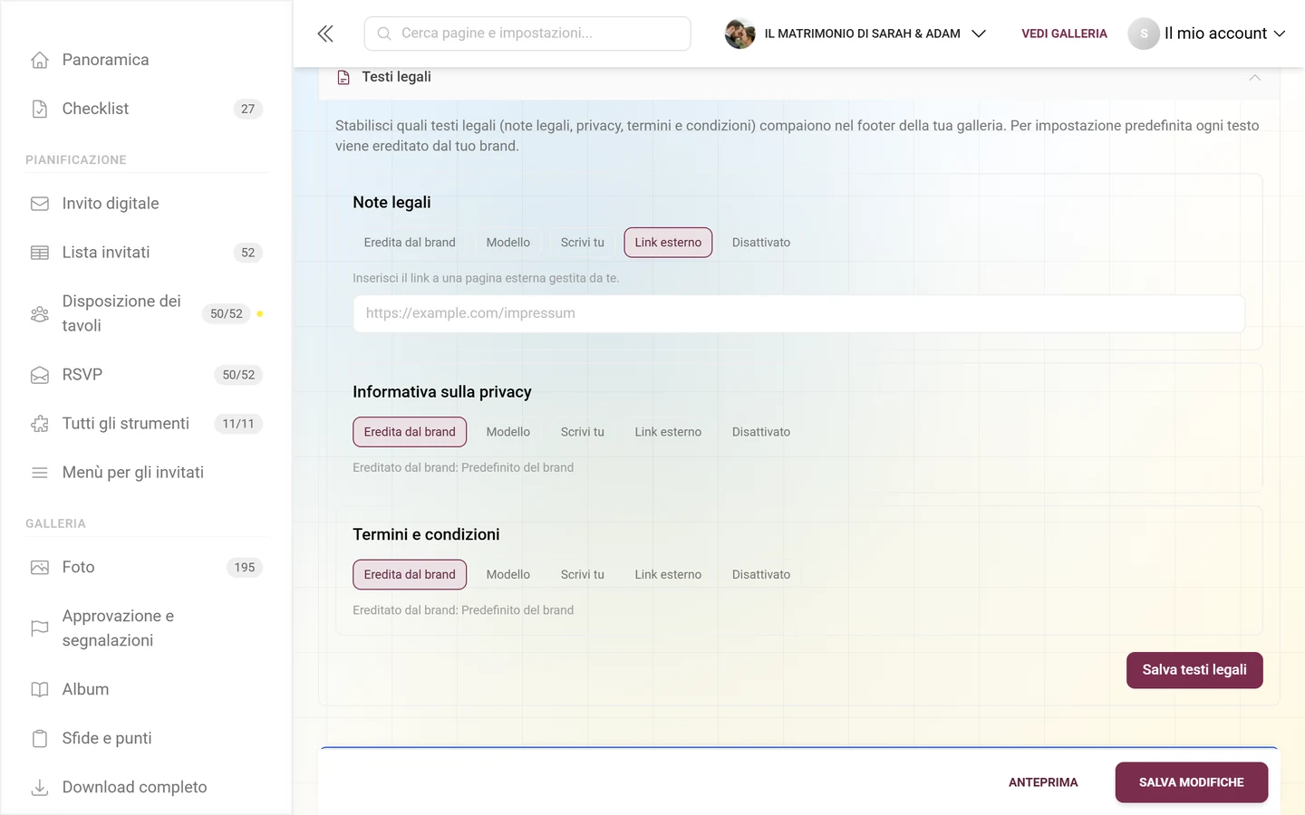 Scheda Note legali in modalità Link esterno con il campo URL