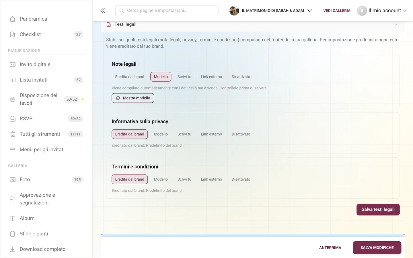 Scheda Note legali in modalità Modello con il pulsante Mostra modello