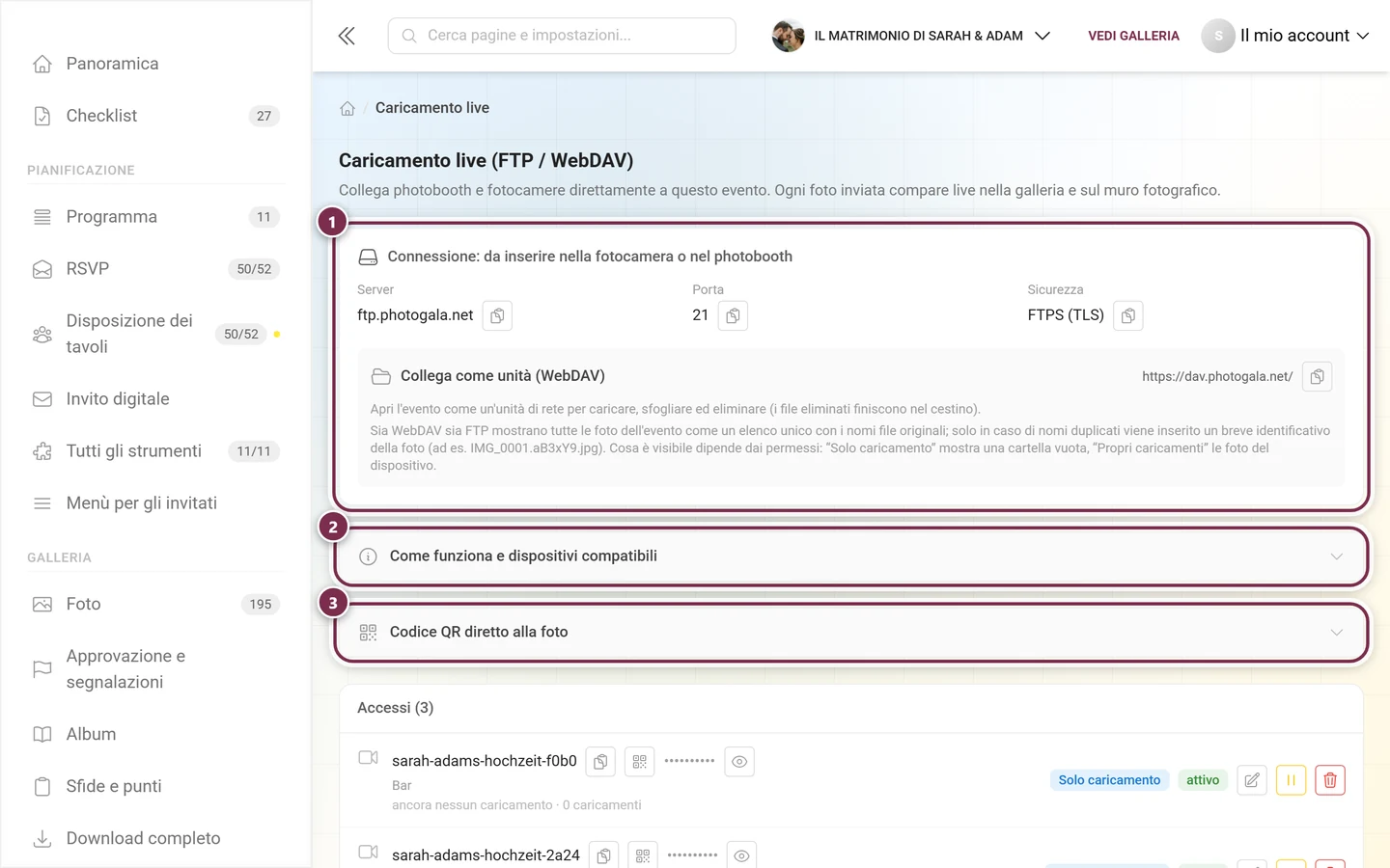 Pagina Caricamento live con la scheda di connessione evidenziata e le due aree espandibili