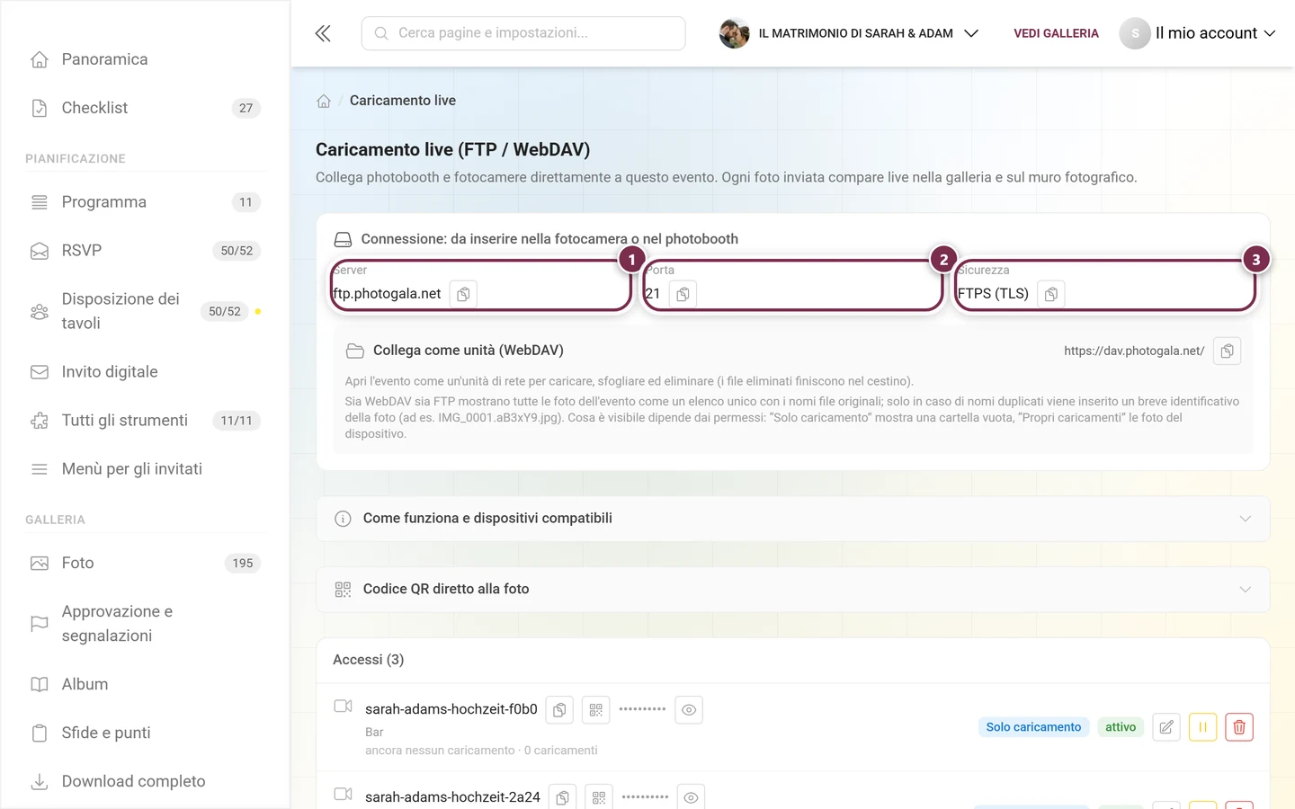 Scheda di connessione con i campi Server, Porta e Sicurezza evidenziati