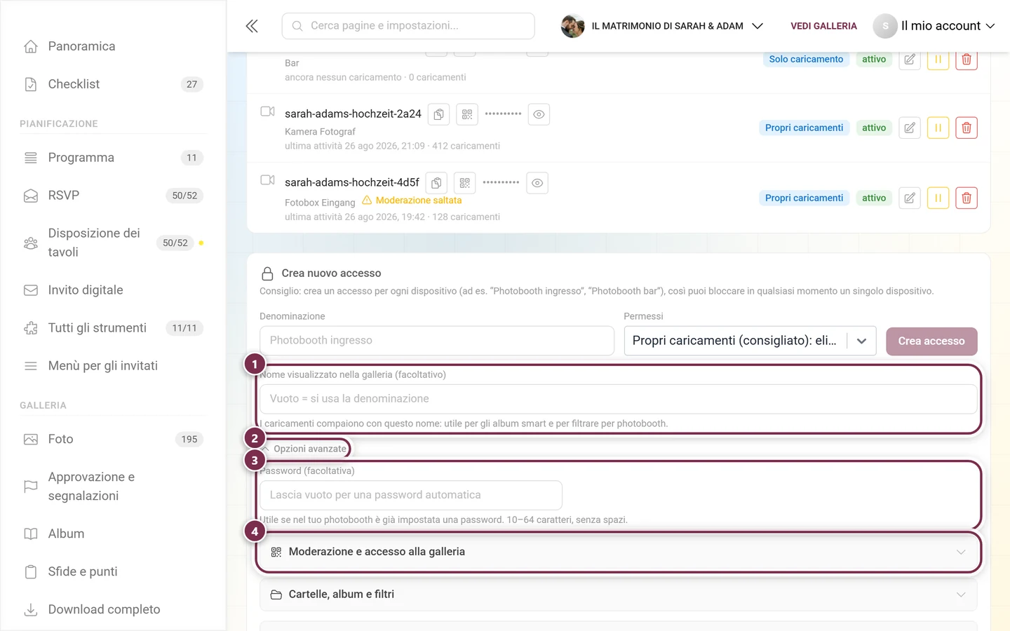 Modulo per un nuovo accesso con il nome visualizzato, l'area Opzioni avanzate, il campo password e il primo gruppo di opzioni evidenziati