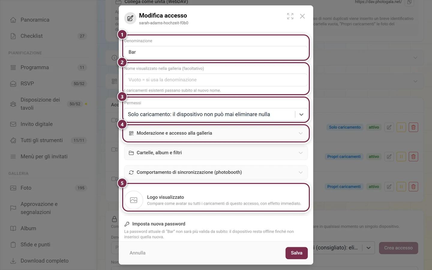 Finestra Modifica accesso con denominazione, nome visualizzato, permessi, i tre gruppi di opzioni, logo visualizzato e la sezione Imposta nuova password
