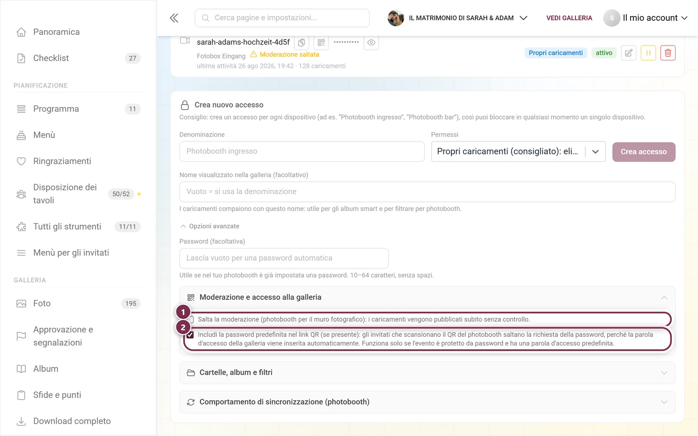 Gruppo aperto Moderazione e accesso alla galleria con due caselle evidenziate