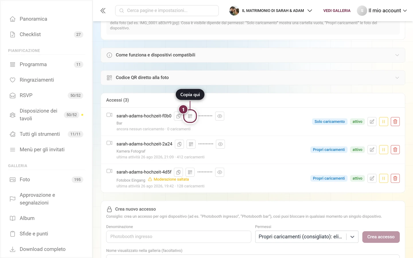 Riga di un accesso nell'elenco con il pulsante Copia il modello di link QR evidenziato, la password accanto resta nascosta come puntini