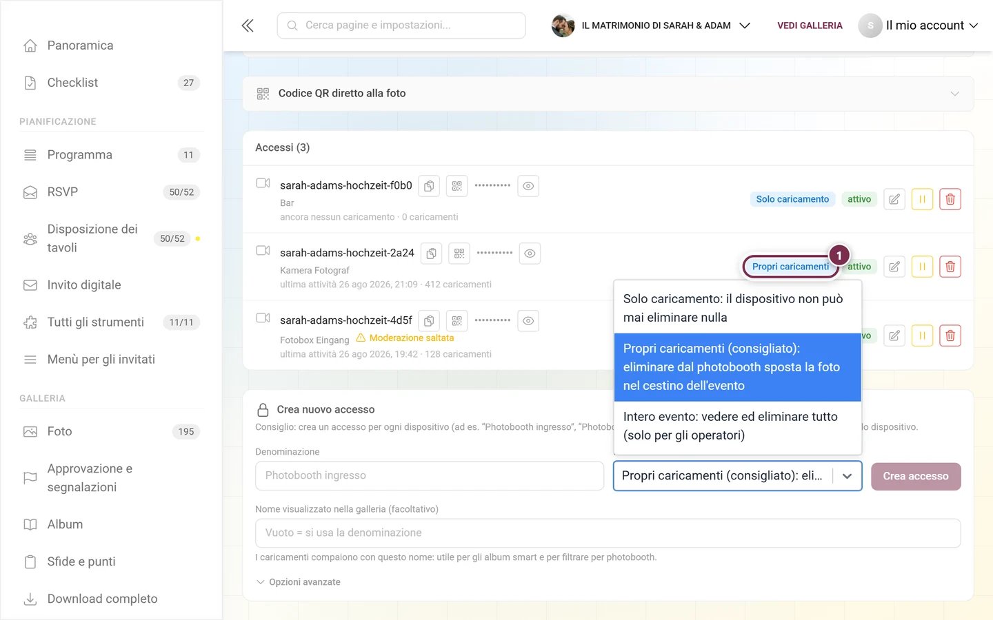 Menu Permessi aperto nel modulo per un nuovo accesso, evidenziato Propri caricamenti (consigliato)