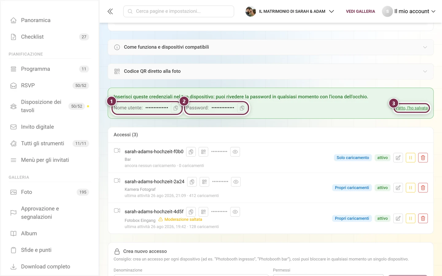 Pannello verde visibile una volta con nome utente, password e pulsante di conferma evidenziati