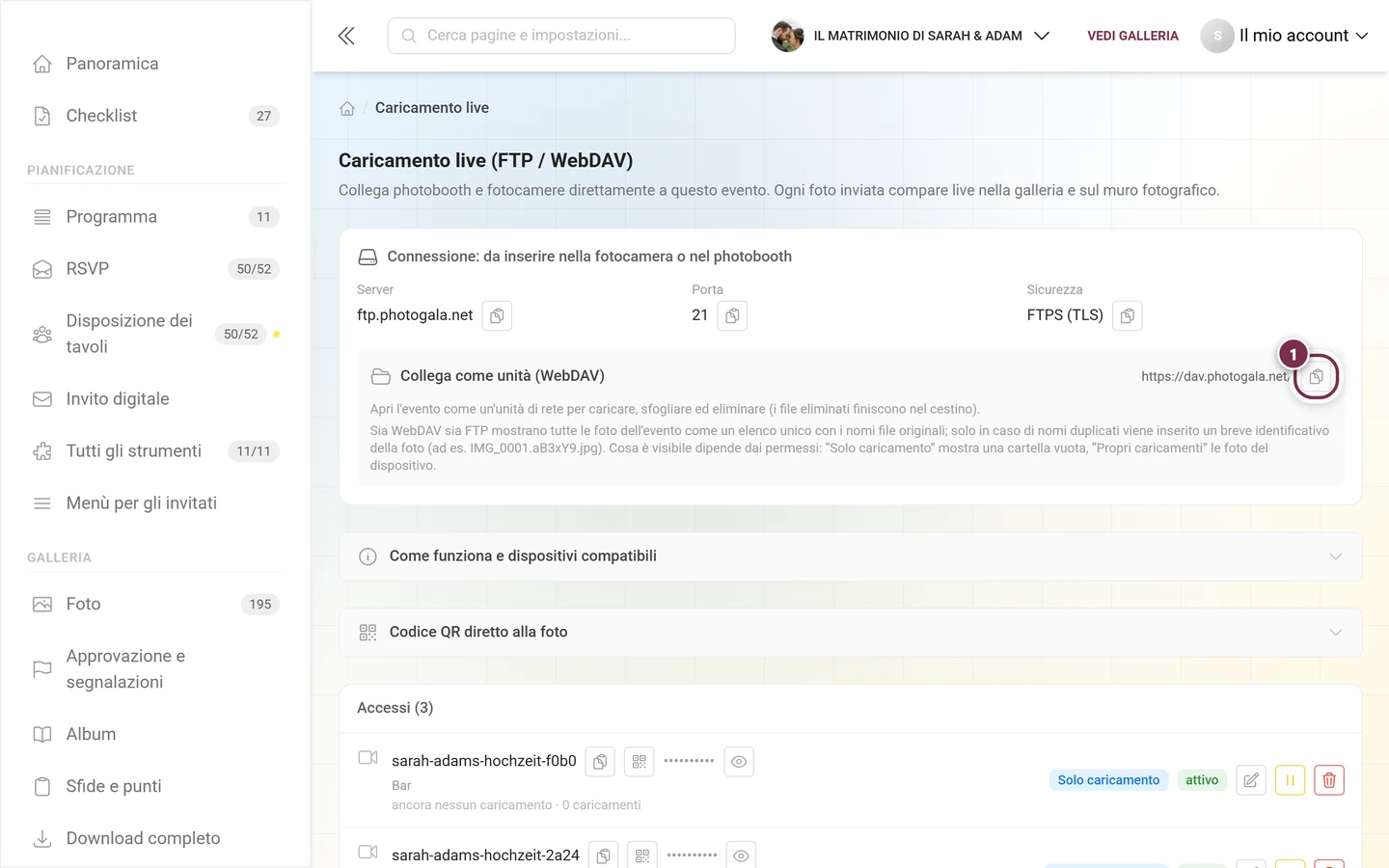 Riga Collega come unità (WebDAV) con il pulsante di copia accanto all'indirizzo evidenziato