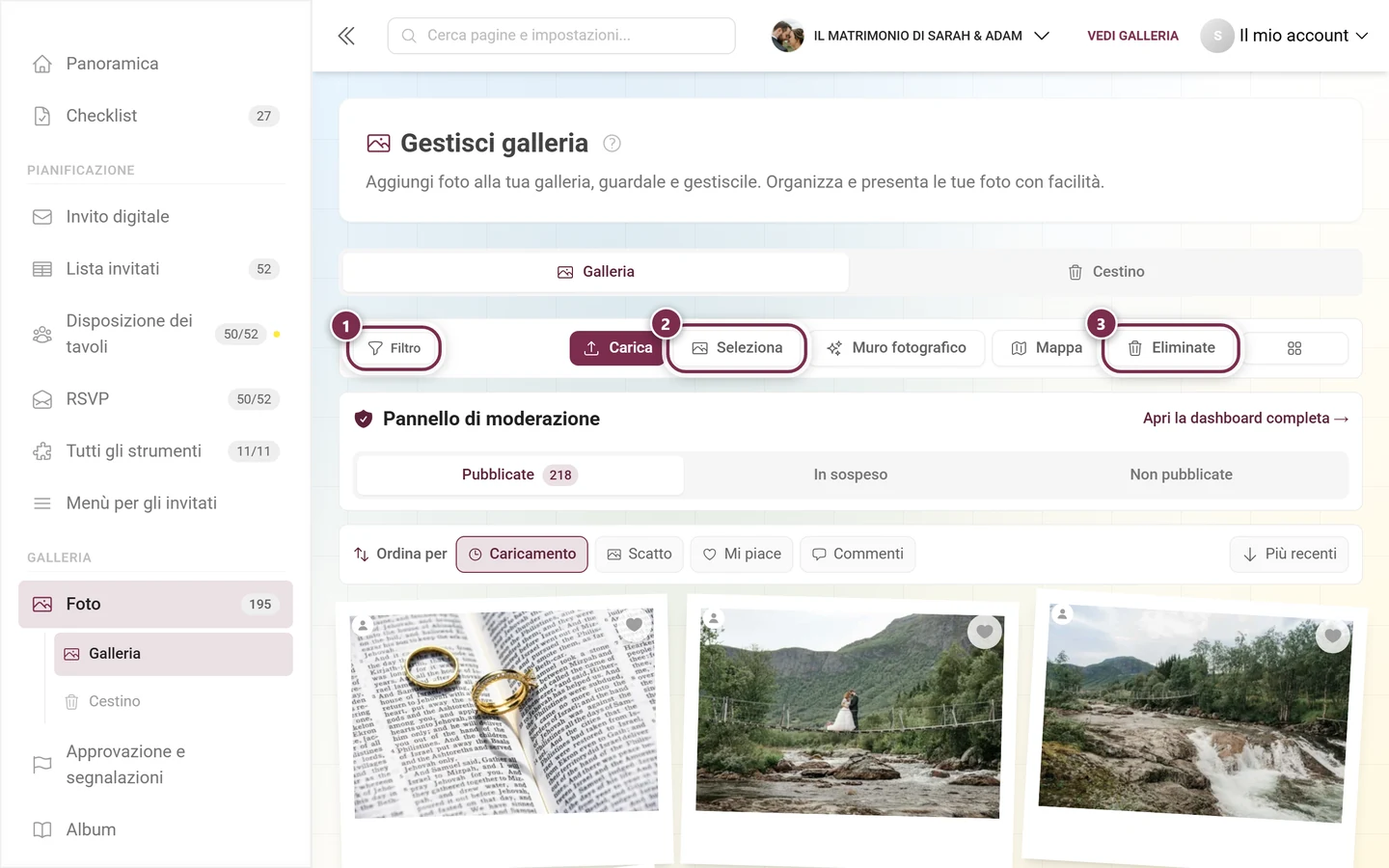 Barra delle azioni sopra la galleria con i tre pulsanti evidenziati Filtro, Seleziona ed Eliminate