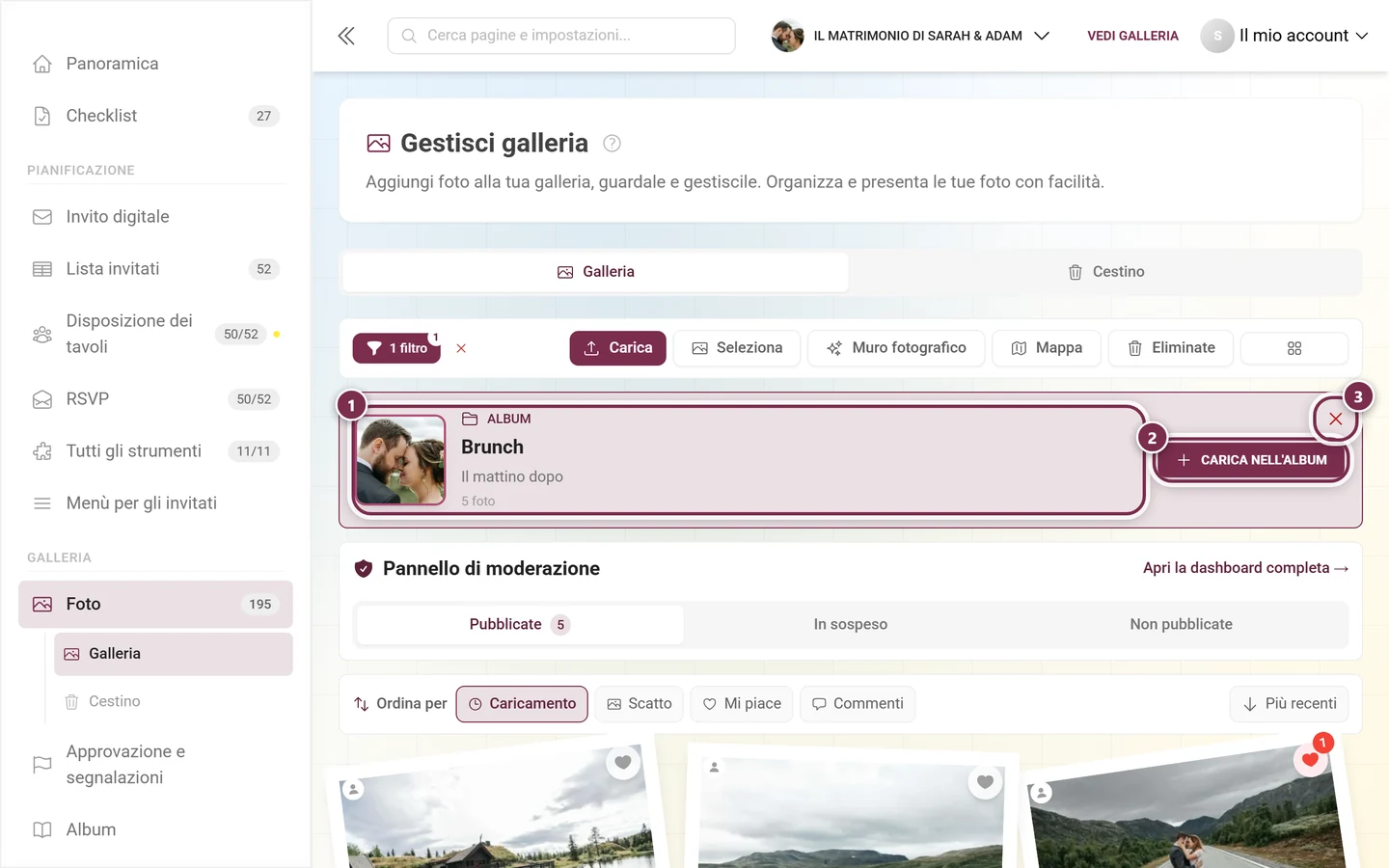 Scheda dell'album sopra la galleria con copertina, titolo, sottotitolo, numero di foto, pulsante Carica nell'album e X