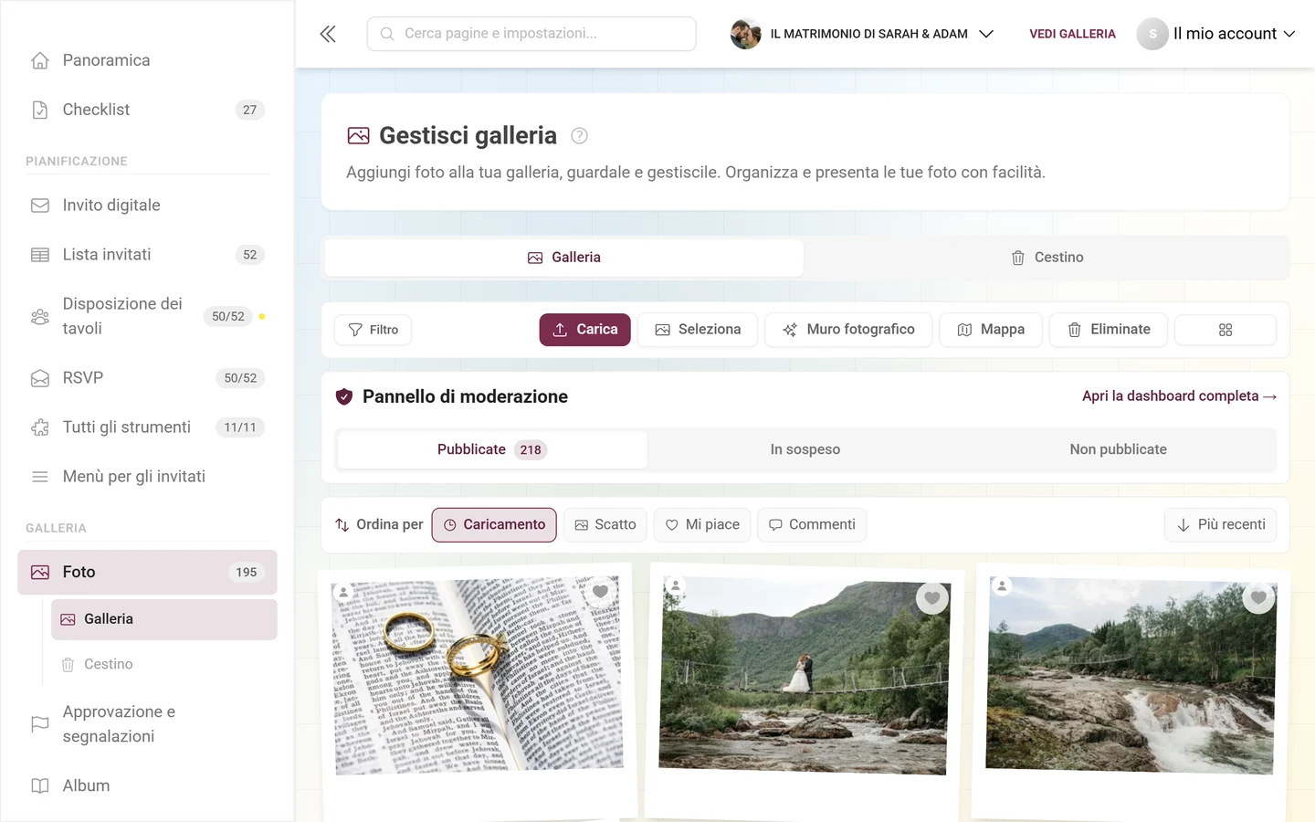 Finestra Filtri della galleria con filtri rapidi, tipo di file, ordinamento e album
