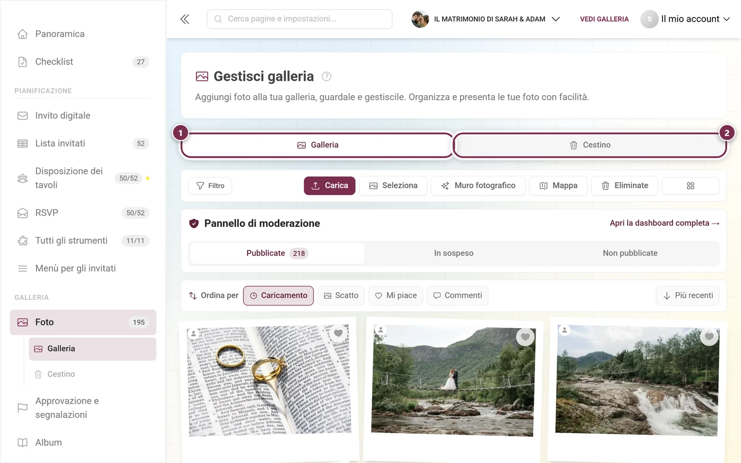 La barra delle schede della pagina con le schede Galleria e Cestino evidenziate