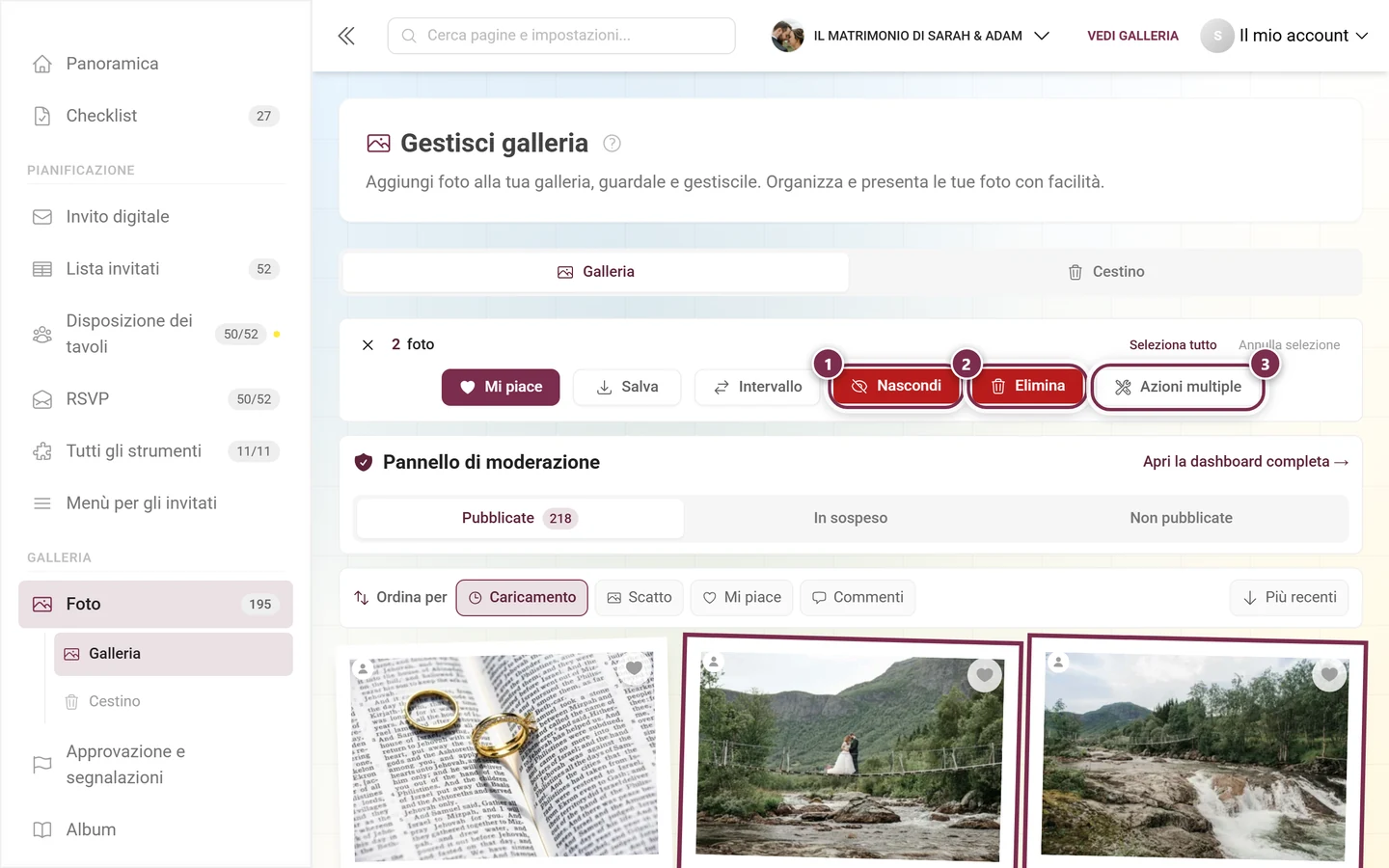 La fila di pulsanti della barra di selezione con i pulsanti evidenziati Nascondi, Elimina e Azioni multiple