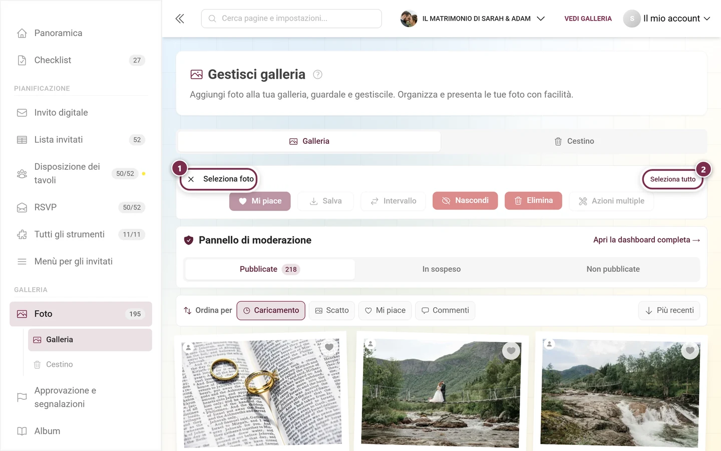 Barra di selezione con il titolo Seleziona foto evidenziato e il pulsante Seleziona tutto evidenziato