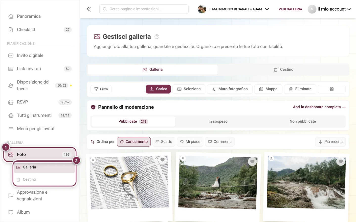 Menu a sinistra con la voce Foto evidenziata e le sottovoci Galleria e Cestino