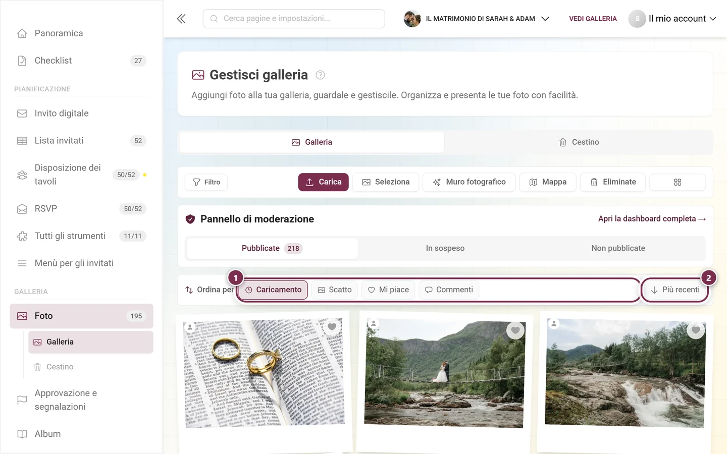 La barra di ordinamento con i criteri evidenziati e il pulsante della direzione evidenziato