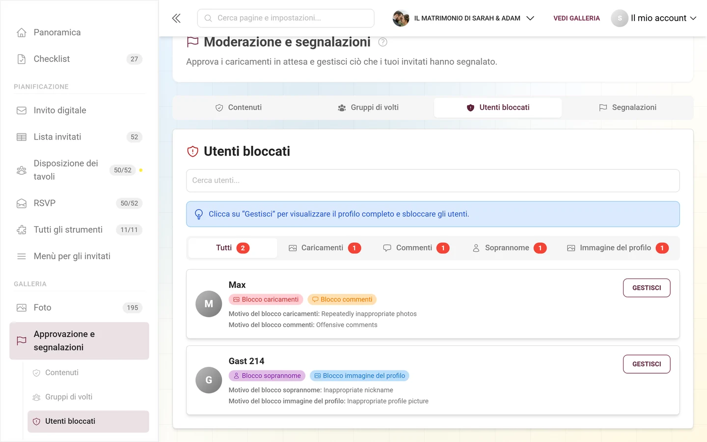 Scheda Utenti bloccati con le sottoschede e le persone bloccate con i badge dei blocchi