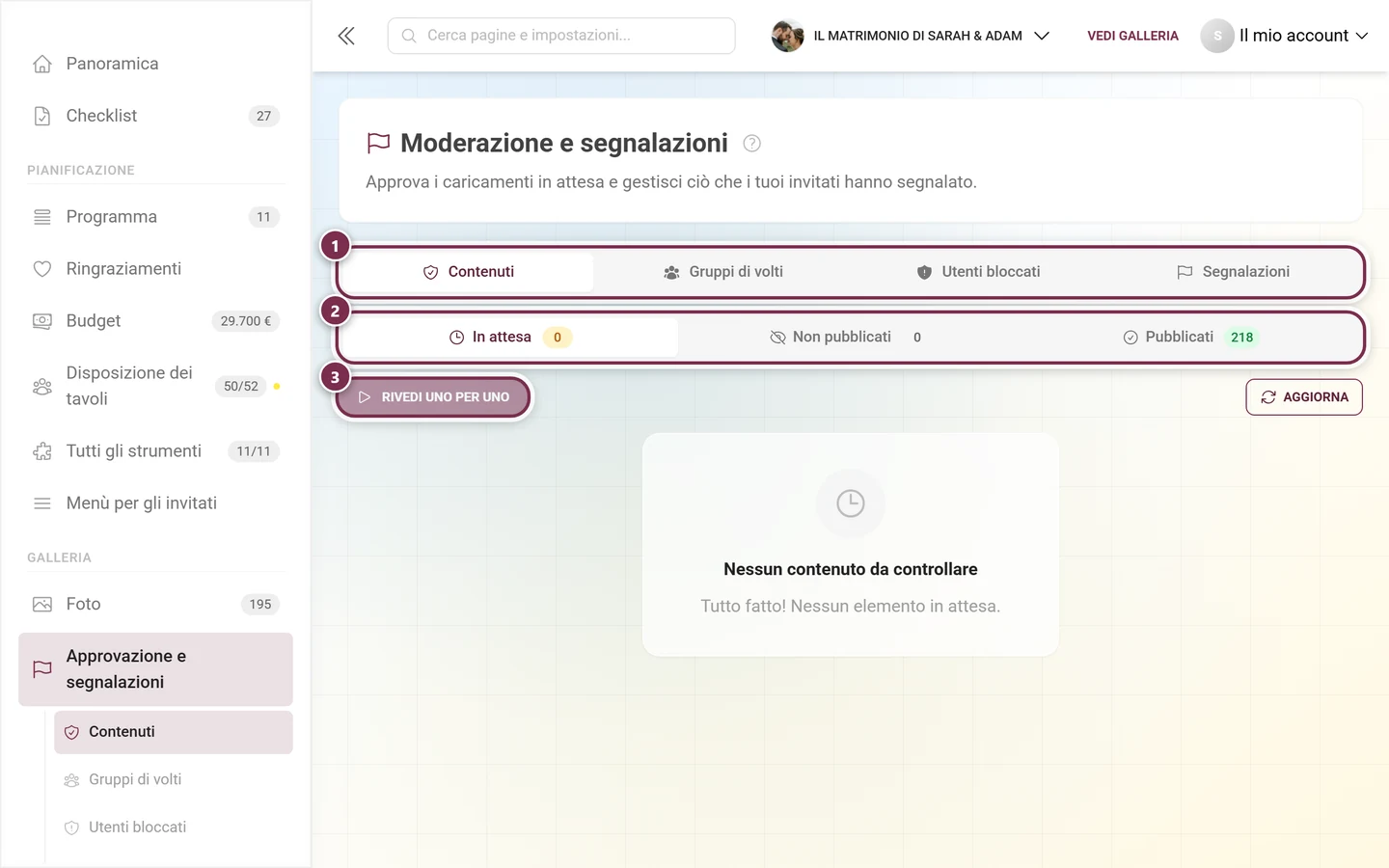 Pagina Approvazione e segnalazioni nell'area admin con le schede Contenuti, Utenti bloccati e Segnalazioni