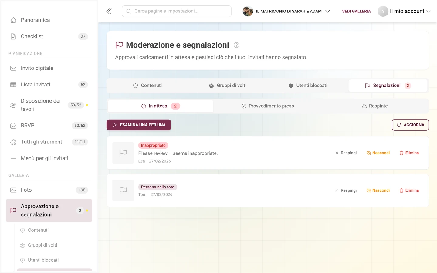 Scheda Segnalazioni con i contenuti segnalati, i badge dei motivi e le azioni Respingi, Nascondi ed Elimina