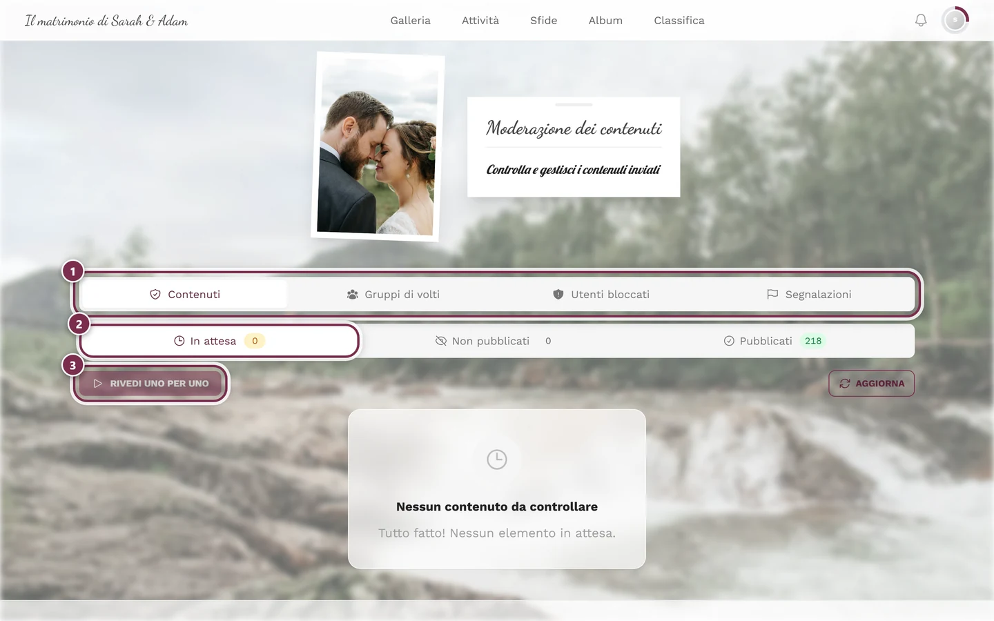Pagina di moderazione senza cornice admin con la barra delle schede, il filtro di stato e la modalità di revisione evidenziati
