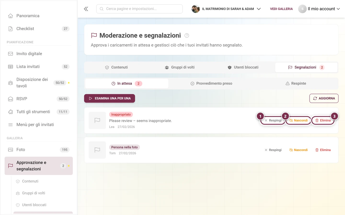 Riga di una segnalazione aperta con i tre pulsanti Respingi, Nascondi ed Elimina