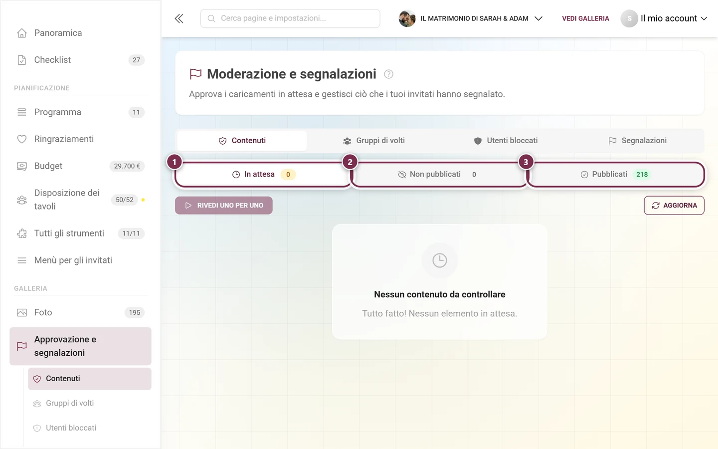 Le tre schede di stato all'interno della scheda Contenuti, tutte e tre evidenziate